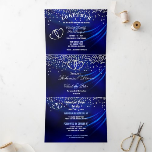 Royal Blue Falling Diamonds  Silver Hearts Tri_Fold Invitation