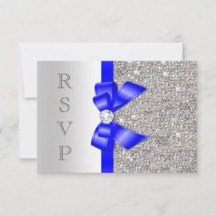 Royal Blue Faux Bow Silver Sequins Diamond RSVP Card