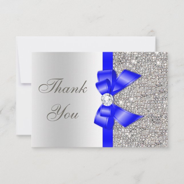 Royal Blue Faux Bow Silver Sequins Thank You Card (Front)
