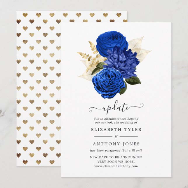 Royal Blue & Faux Foil Gold Floral Wedding Update Invitation (Front/Back)