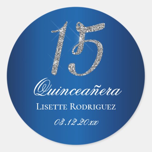 Royal Blue Faux Glitter 15 Quinceanera Classic Round Sticker