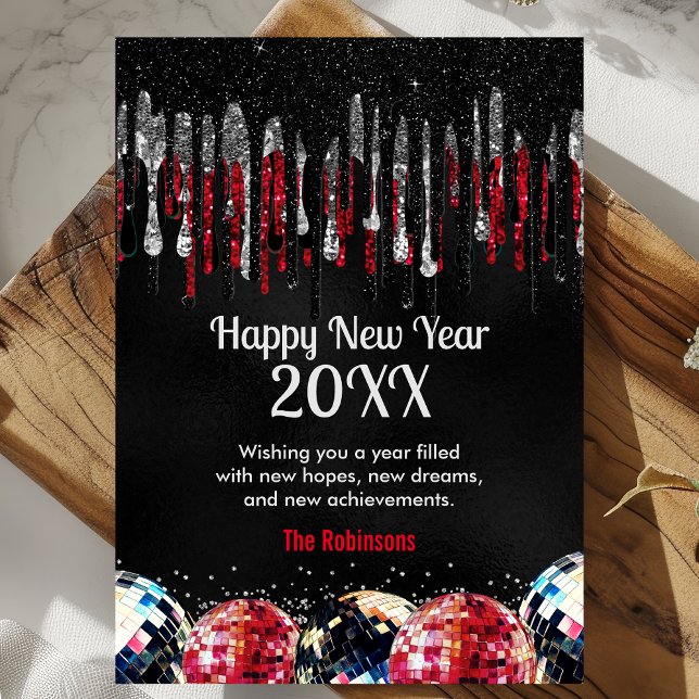 Royal blue faux glitter disco balls Happy New Year Holiday Card (Creator Uploaded)