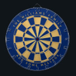 Royal Blue Faux Gold Custom Family Name Geometric Dart Board<br><div class="desc">A classic dartboard design with alternating royal blue and faux gold foil triangles. 

Above and below there are the name and a message as arched text,  in golden caps.</div>