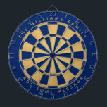 Royal Blue Faux Gold Custom Family Name Geometric Dart Board<br><div class="desc">A classic dartboard design with alternating royal blue and faux gold foil triangles. 

Above and below there are the name and a message as arched text,  in golden caps.</div>