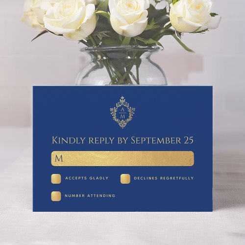 Royal Blue Faux Gold Foil Crest Monogram Wedding RSVP Card
