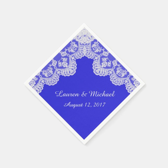Royal Blue Faux White Lace Border Wedding Paper Napkins (Corner)