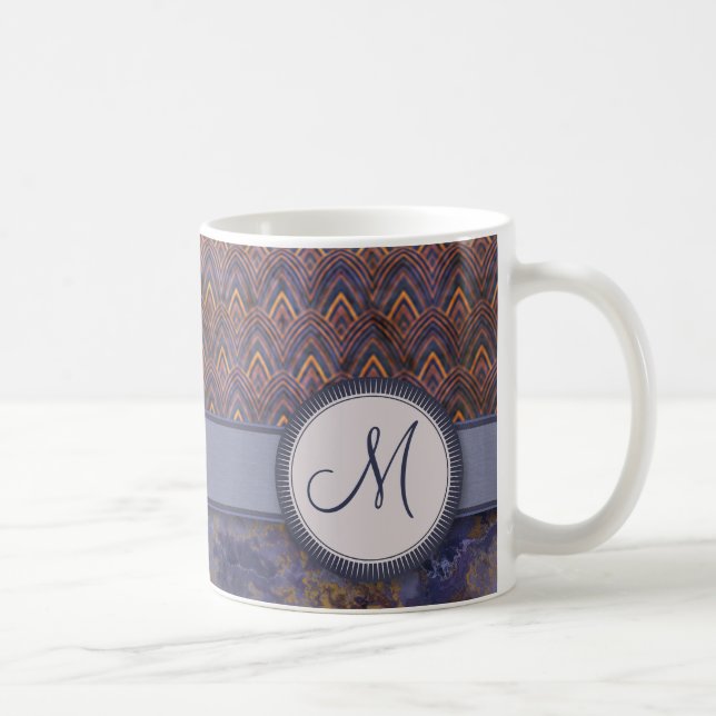 Royal Blue Feather Pattern with Monogram Coffee Mug (Right)