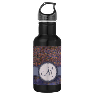 Royal Blue Feather Pattern with Monogram Water Bottle