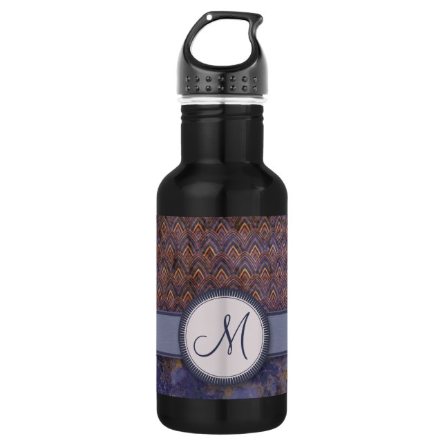 Royal Blue Feather Pattern with Monogram Water Bottle (Front)