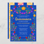 Royal Blue Fiesta Party Mexican Quinceanera Invitation<br><div class="desc">Royal Blue Quinceañera Invitation for your daughter's 15th Birthday celebration. This Mexican Quinceañera theme features bright and colorful Mexican folk art flowers in red, pink, purple and yellow on a royal blue background. The back of the card has floral papel picado and more flowers. The template is set up ready...</div>