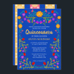 Royal Blue Fiesta Party Mexican Quinceanera Invitation<br><div class="desc">Royal Blue Quinceañera Invitation for your daughter's 15th Birthday celebration. This Mexican Quinceañera theme features bright and colorful Mexican folk art flowers in red, pink, purple and yellow on a royal blue background. The back of the card has floral papel picado and more flowers. The template is set up ready...</div>