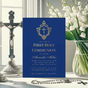 Royal Blue First Communion Faux Gold Cross Crest Invitation