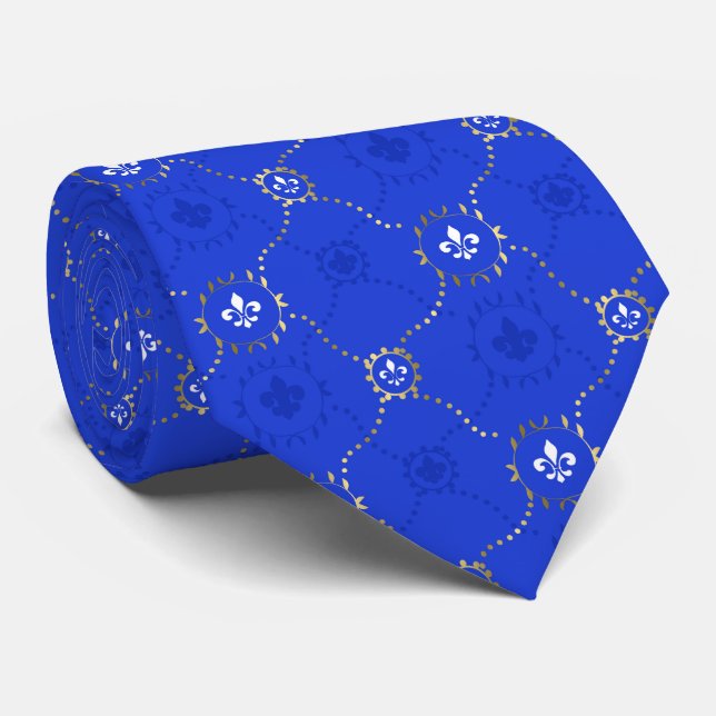 Royal Blue Fleur de Lis, French Lili pattern Neck Tie (Rolled)