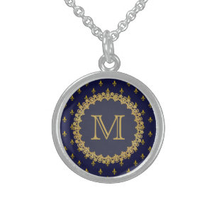 Royal Blue Fleur De Lis Monogram Sterling Silver Necklace