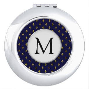 Royal Blue Fleur De Lis Pattern Monogram Compact Mirror