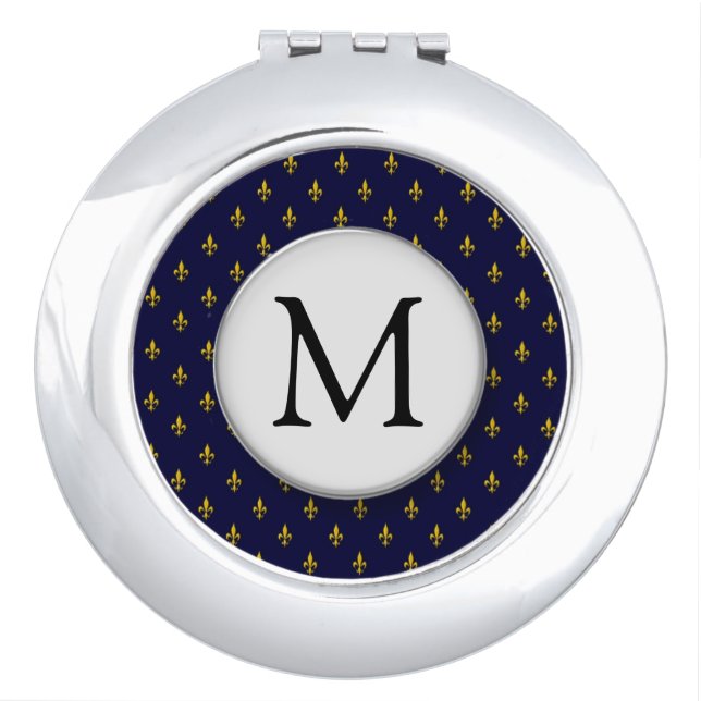 Royal Blue Fleur De Lis Pattern Monogram Compact Mirror (Front)