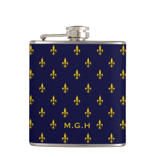 Royal Blue Fleur De Lis Pattern Monogram Flask (Front)