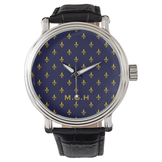 Royal Blue Fleur De Lis Pattern Monogram Watch (Front)