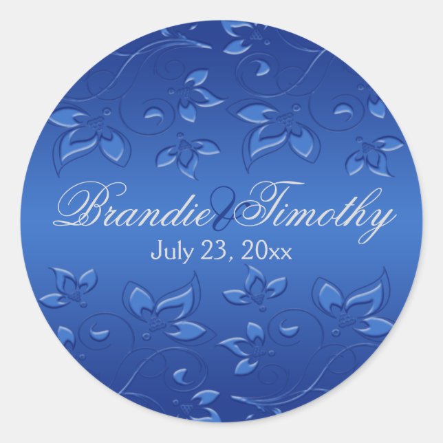 Royal Blue Floral 1.5" Round Wedding Sticker (Front)