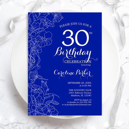Royal Blue Floral 30th Birthday Party Invitation