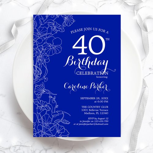 Royal Blue Floral 40th Birthday Party Invitation