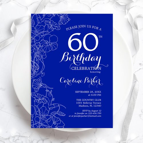 Royal Blue Floral 60th Birthday Party Invitation