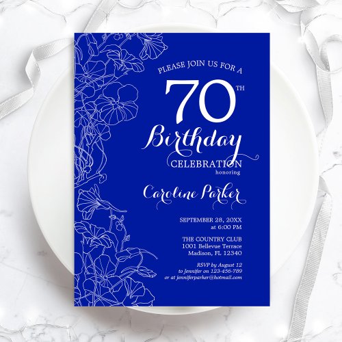 Royal Blue Floral 70th Birthday Party Invitation