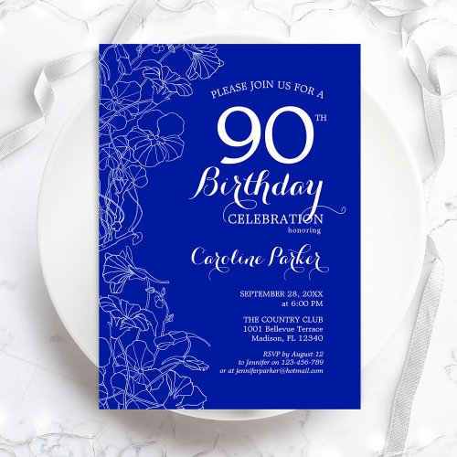 Royal Blue Floral 90th Birthday Party Invitation