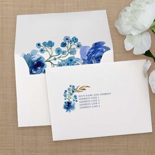 Royal Blue Floral and Gold Leaf Addressed RSVP Envelope