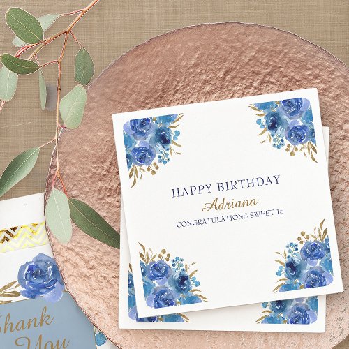 Royal Blue Floral and Gold Leaf Happy Birthday Napkins