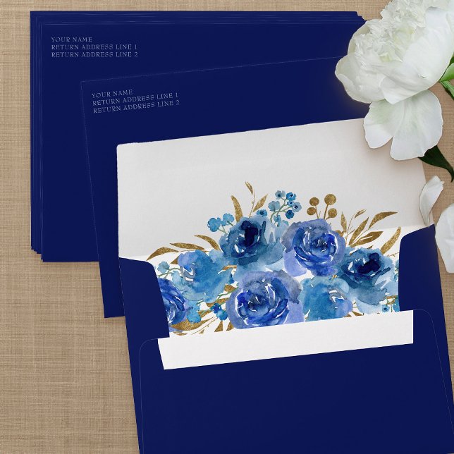 Royal Blue Floral and Gold Leaf Invitation  Envelope (Blue floral invitation envelopes from my Rose and Gold Leaf quinceanera collection)