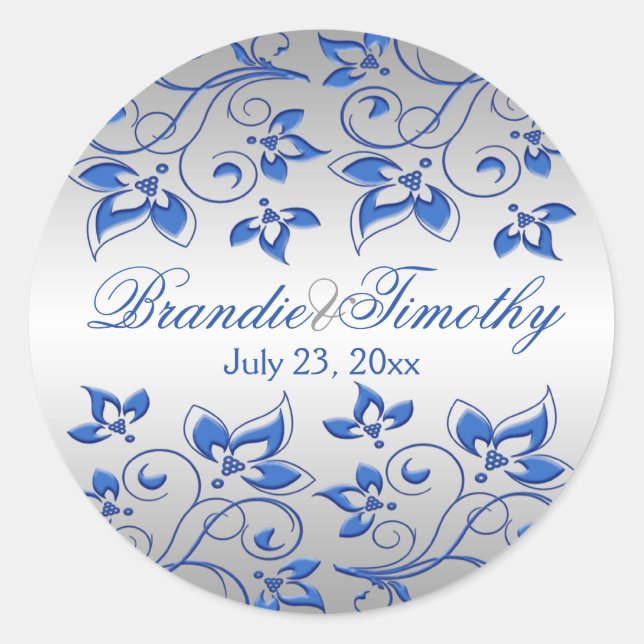 Royal Blue Floral and Silver 1.5" Round Sticker (Front)