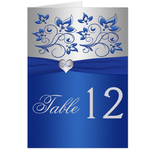 Royal Blue Floral and Silver Heart Table Number (Front)