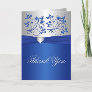 Royal Blue Floral and Silver Heart Thank You Card