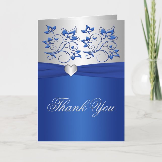 Royal Blue Floral and Silver Heart Thank You Card (Front)