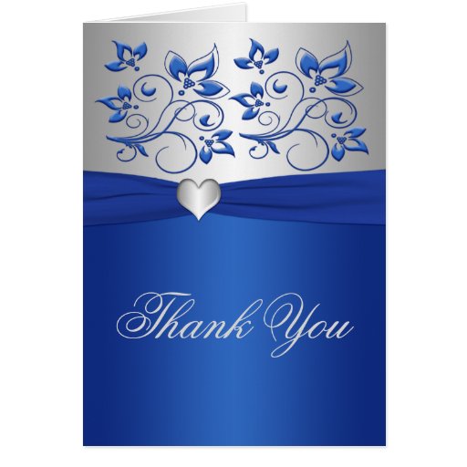 Royal Blue Floral and Silver Heart Thank You Card | Zazzle