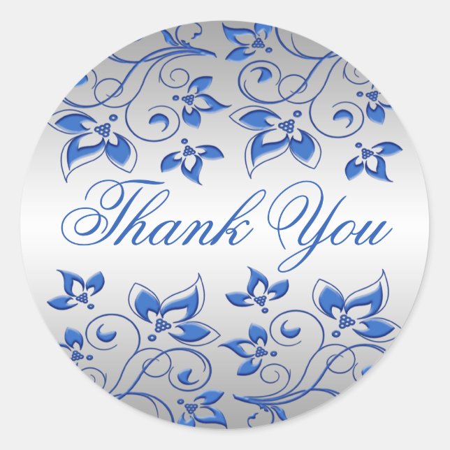Royal Blue Floral and Silver Thank You Sticker (Front)