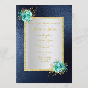 ROYAL BLUE Floral aqua ELEGANT CLASSY WEDDING Invitation