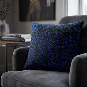 Royal Blue Floral Baroque Art on Black Throw Pillow
