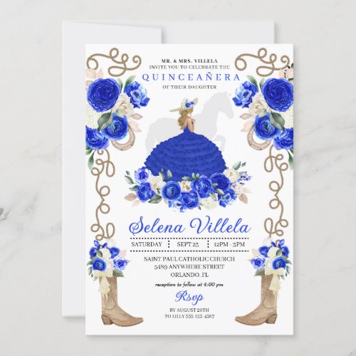 Royal Blue Floral Boots Roses Charro Quinceaera Invitation