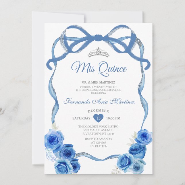 Royal Blue Floral Bow Ribbon Silver Mis Quince Invitation (Front)