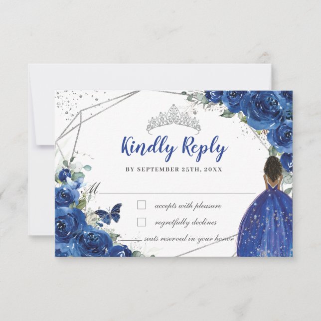 Royal Blue Floral Brown Princess Quinceañera XV 16 RSVP Card (Front)