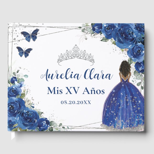 Royal Blue Floral Brown Princess QUINCEAÑERA XV  Guest Book (Front)