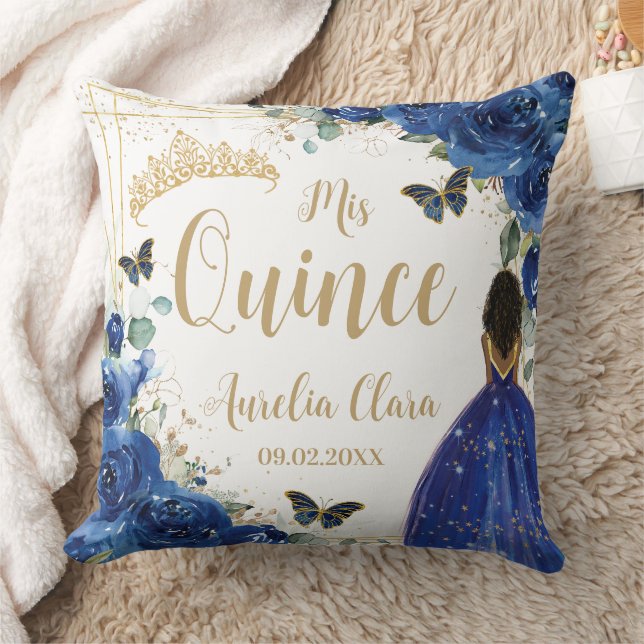 Royal Blue Floral Brown Princess Quinceañera XV Throw Pillow (Blanket)