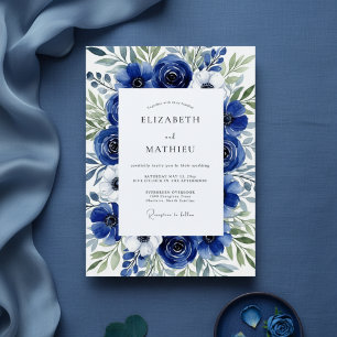 Royal Blue Floral Brushstroke Wedding Invitation