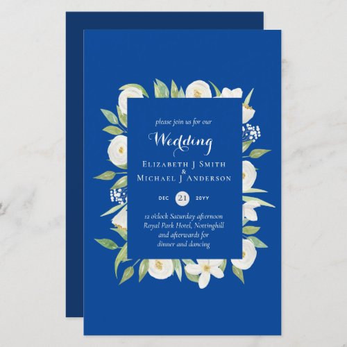 Royal Blue Floral Budget Wedding Invite A9