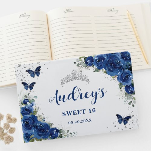 Royal Blue Floral Butterflies 15th 16th Birthday Guest Book
