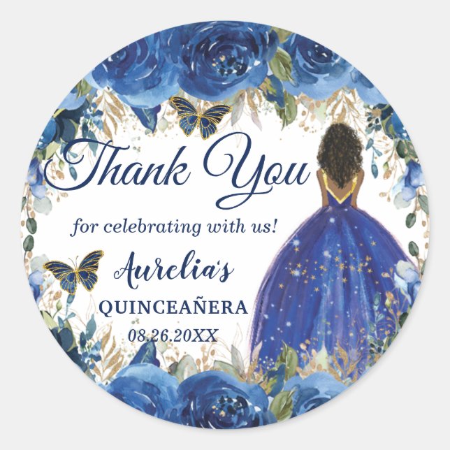 Royal Blue Floral Butterflies Brown Princess Favor Classic Round Sticker (Front)