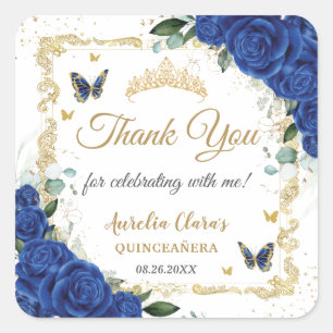Royal Blue Floral Butterflies Gold Quinceañera 16 Square Sticker