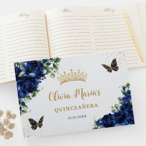 Royal Blue Floral Butterflies Gold Quinceanera Guest Book